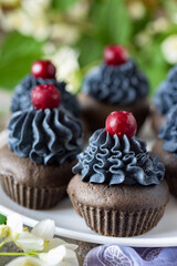 Sweet dessert: chocolate cupcakes with black cream and cherry. Vertical photo. Close-up