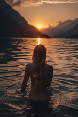 Back View of Unrecognizable Female Silhouette Standing in Rippling Sea Water Enjoying Sunset Over Mountains