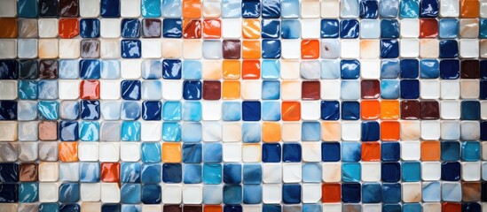 This close-up view showcases a vibrant mosaic tile wall featuring a variety of colors including white, light blue, grey, blue, orange, and red.
