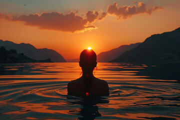 Fototapeta premium Back View of Unrecognizable Female Silhouette Standing in Rippling Sea Water Enjoying Sunset Over Mountains