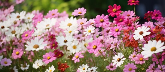 Obraz na płótnie Canvas Serene Pink and White Blossoms Adorn a Lush Field under the Warm Sunlight