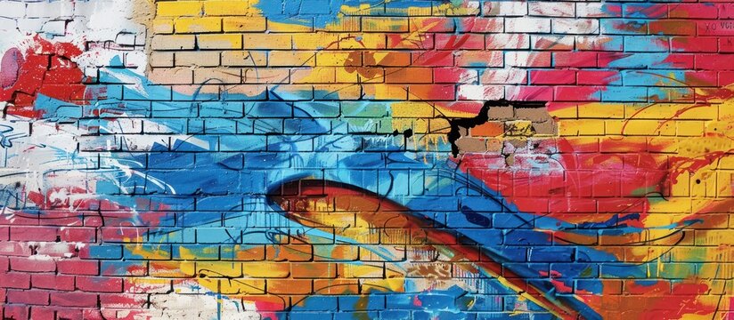 A bright and colorful painting covering a brick wall with intricate designs and patterns, bringing life and vibrancy to the urban environment.