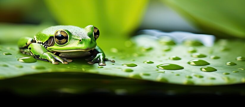 Curious Frog Resting on a Wet Leaf Surrounded by Glistening Water Droplets