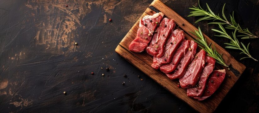 Fresh raw meat displayed on a wooden cutting board, garnished with aromatic rosemary sprigs.