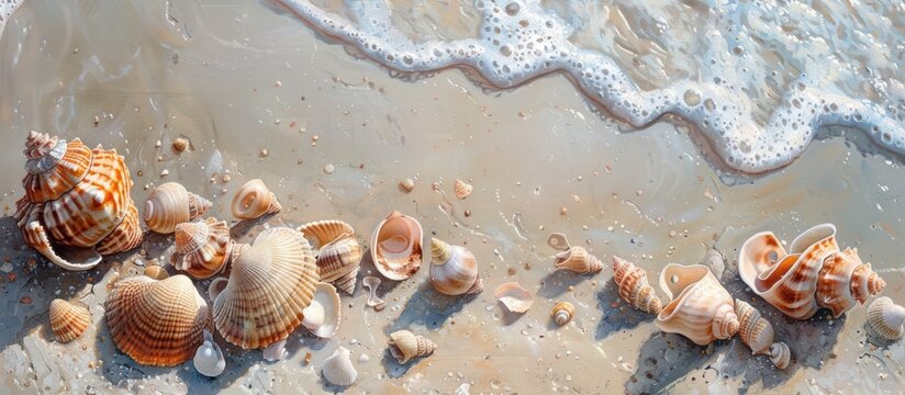 Various sea shells resting on top of a sandy beach, blending with the grains of sand under the clear sky.