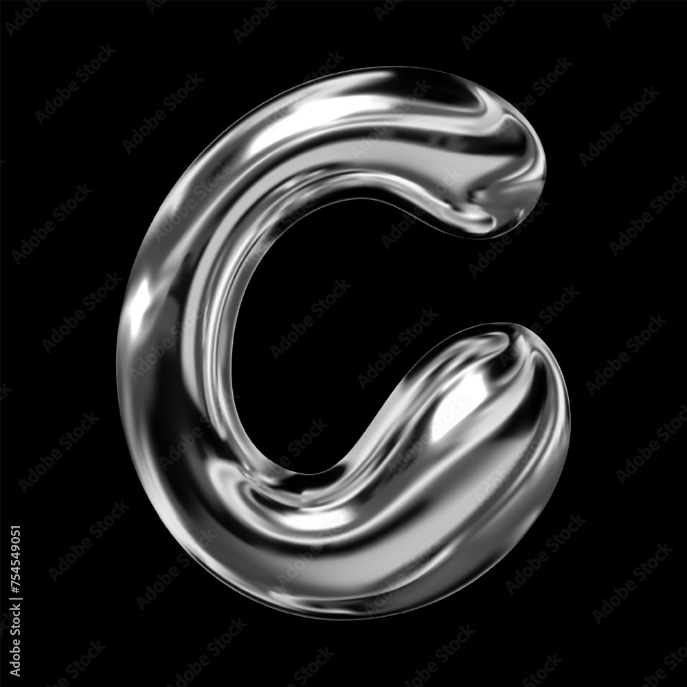 Aufkleber 3d chrome letter c from english alphabet, y2k retro typeface with inflated balloon bubble font style