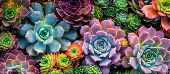 A collection of assorted Sempervivum succulents in a garden, showcasing a variety of hues and shapes in a cluster.