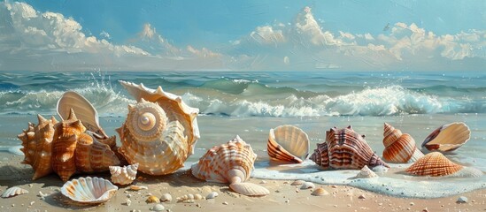 A painting of various seashells scattered on a sandy beach, capturing the beauty of marine treasures under the blue skies. - obrazy, fototapety, plakaty