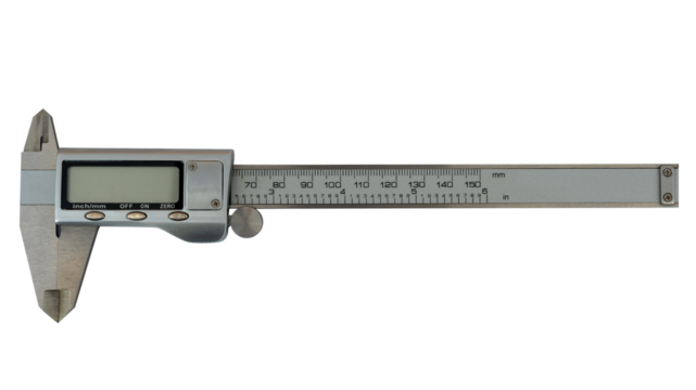 Digital precision caliper with LCD screen, isolated on transparent background, png