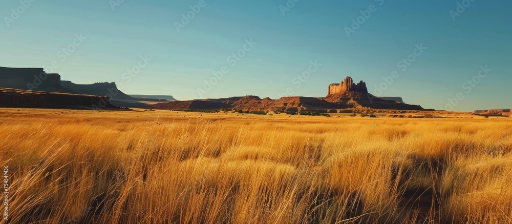 Poster a field of tall grass with a mountain in the background under a clear sky.
