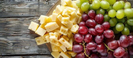 A plate holds a variety of red and green grapes alongside cheese on a rustic wooden table.