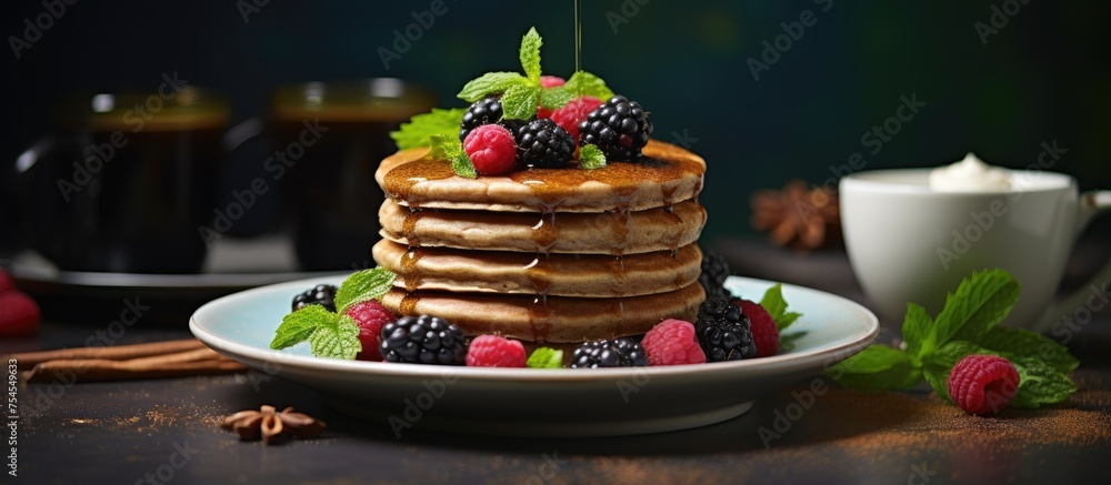 Canvas Prints Delicious Homemade Pancakes Adorned with Fresh Berries and Mint Leaves on a Platter