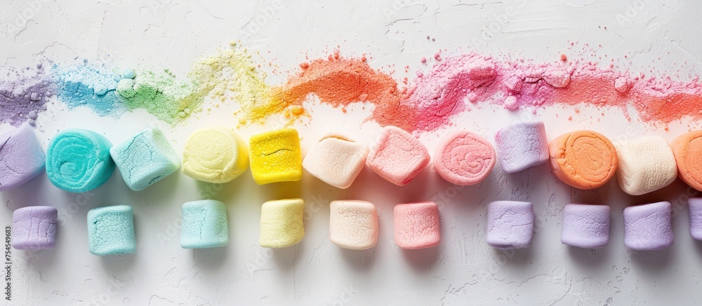 Poster a row of vibrant colored marshmallows lined up next to each other.
