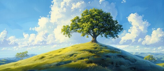 A painting featuring a tall tree situated on a hill, showcasing the beauty of natures landscape. - obrazy, fototapety, plakaty