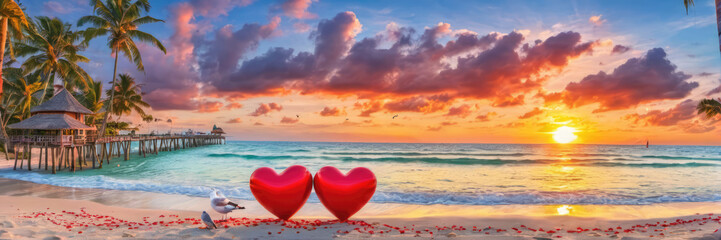 Two Red Hearts on Ocean Background: Love and Relationships Illustration.