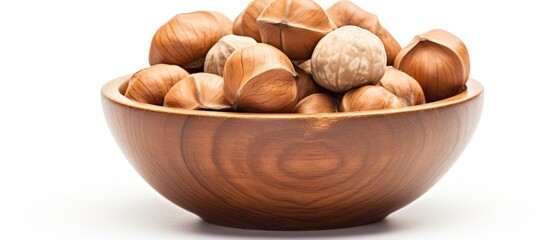 Rustic Wooden Bowl Overflowing with Assorted Raw Nuts on a Minimalist White Background