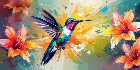 Watercolor illustration of a beautiful hummingbird on a colorful background.