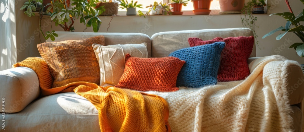 Poster a couch covered with a cozy blanket, creating a comfortable and inviting space.