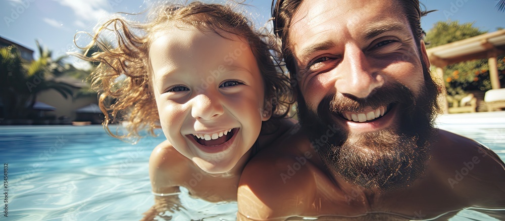 Poster father and daughter enjoying a relaxing summer day splashing in a refreshing swimming pool