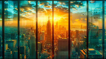 Manhattans Glow: The Iconic New York Skyline at Sunset, Capturing the Historic Beauty and Ambition of the City