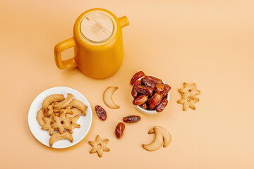Hibiscus hot tea with dates. Traditional Ramadan Kareem concept snack for Iftar or Suhoor meal