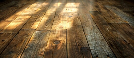 Sunlight shines on a textured wooden floor, highlighting grains and imperfections. The warm rays...