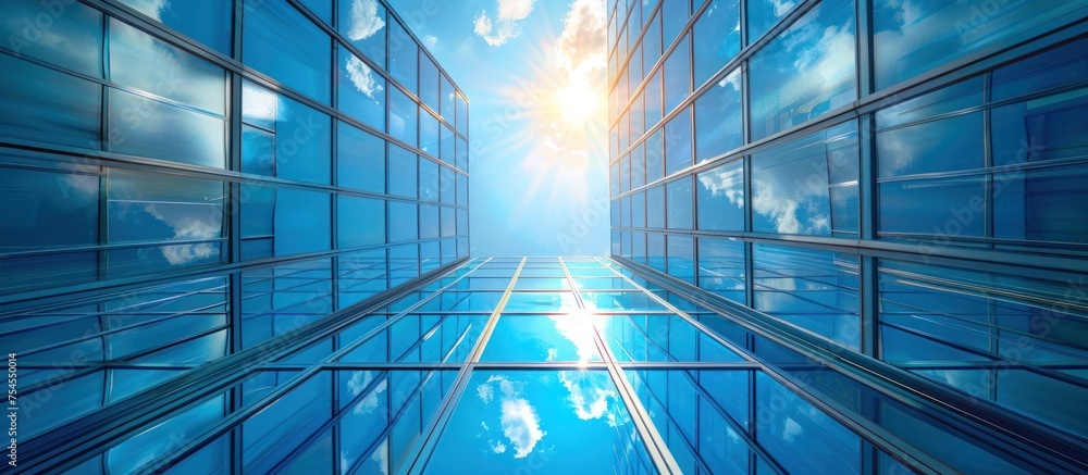 Poster a very tall building with multiple windows reflecting the suns rays.