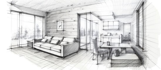 The drawing depicts a living room with a couch and a table. The freehand sketch on white striped paper showcases a furnished home apartment, set against a backdrop of gray weathered wood.