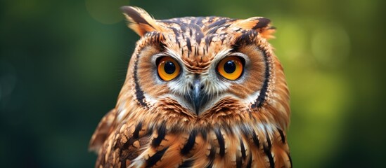 Naklejka premium Majestic Owl Staring Intently with Bright Yellow Eyes in Close-up Portrait