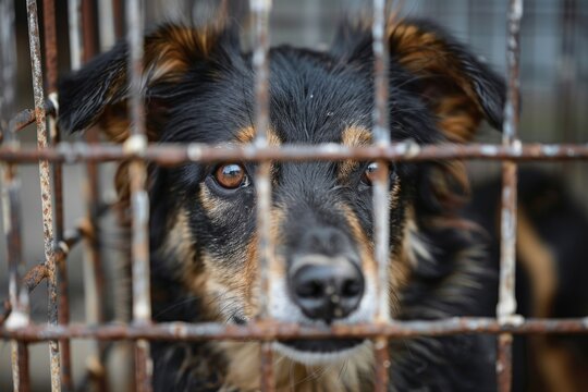 Stray dogs in shelters with rusty iron cages. Generate AI image