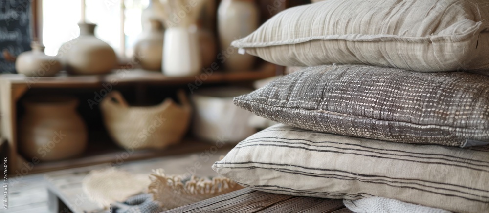 Poster a stack of pillows in various shapes neatly arranged on top of a wooden table.
