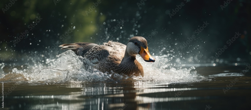 Sticker Energetic Mallard Duck Enjoying a Refreshing Splash in the Calm Lake Waters