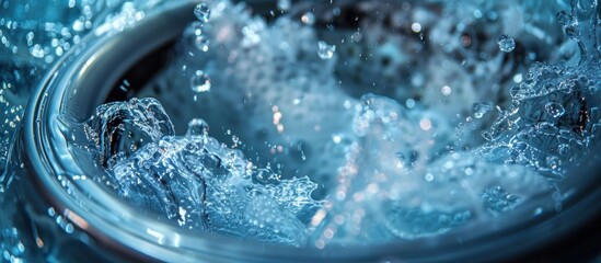 A close-up view of water filling up a modern sink. - obrazy, fototapety, plakaty