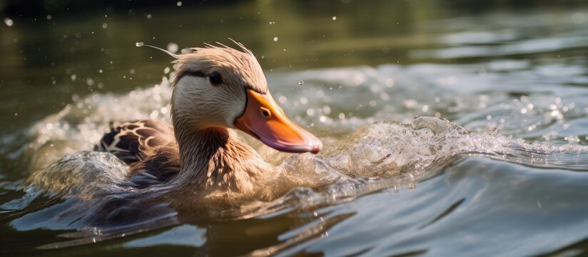 Serene Duck Gliding Across Tranquil Lake Surface with Head Above Water