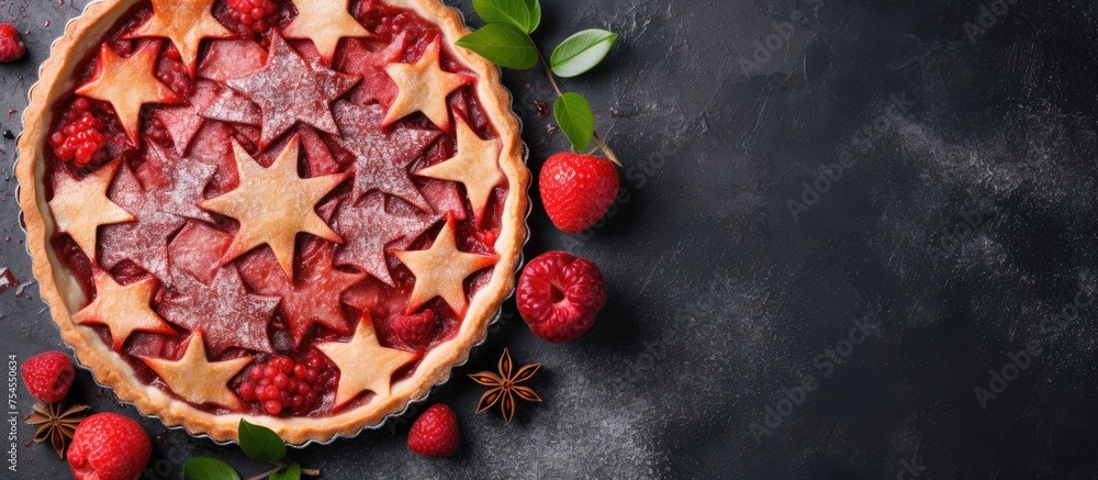 Poster delicious strawberry and raspberry pie on elegant dark background with copy space