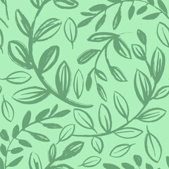 Floral seamless pattern. Leaves hand drawn brush stroke.  Vector doodle, sketch