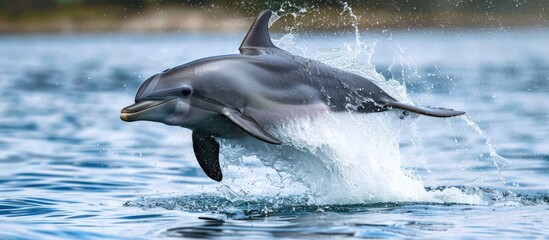 A dolphin is mid-leap out of the ocean, its sleek body glistening in the sunlight as it soars through the air.