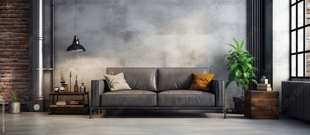 Wall mural Cozy Home Interior with Stylish Couch Against Textured Brick Wall