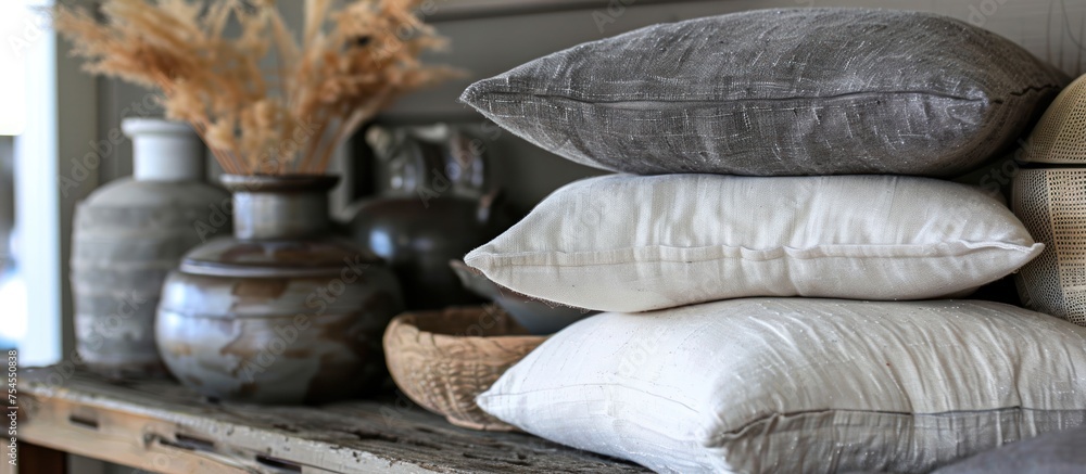 Poster a stack of pillows of various shapes neatly arranged on a wooden shelf, creating a cozy and organize