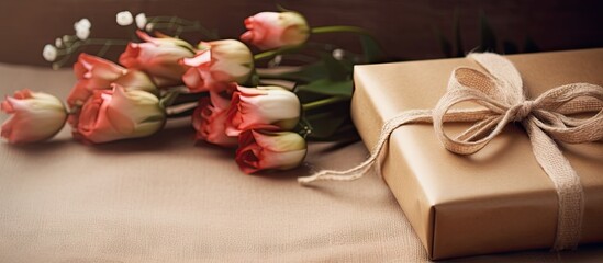 Elegant Present Box Adorned with Ribbon and Delicate Blossoms, Gift Giving Concept
