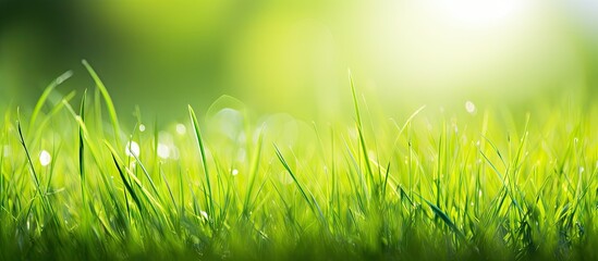 Lush Green Grass Background with Sunlight Filtering Through Leaves