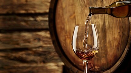 Pouring wine glasses of white wine from a bottle on wooden oak barrel background with copy space, for winery, wine tasting, advertising. - obrazy, fototapety, plakaty