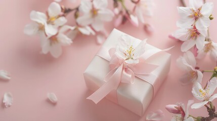 A ribbon-lace gift box with a beautiful pink theme and strewn with flowers. Generate AI image