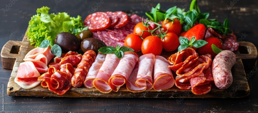 Poster a variety of meats and vegetables arranged neatly on a wooden tray, creating a colorful and appetizi