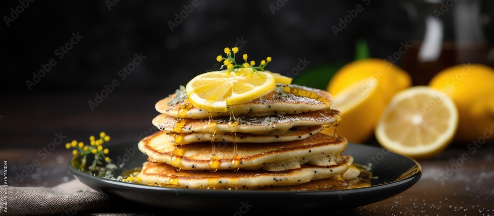 Wall mural Delicious Fluffy Pancakes Garnished with Fresh Lemons and Herbs