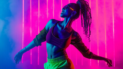 Obraz na płótnie Canvas Devoted African American young woman dancer in stylish pop style clothes and sunglasses, with dreadlocks hairstyle dancing happily under purple blue pink neon light backgrounds, dancer portrait.