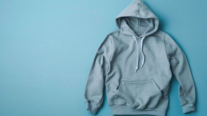 gray hoodie on a blue background, flat lay. Athleisure style