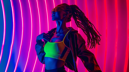 Devoted African American young woman dancer in stylish pop style clothes and sunglasses, with dreadlocks hairstyle dancing happily under purple blue pink neon light backgrounds, dancer portrait.