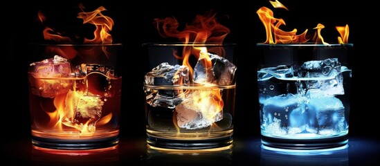 Three clear drinking glasses filled with ice cubes and flames burning within them.