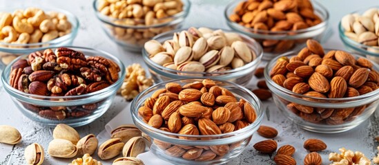 An assortment of nuts displayed in glass bowls on a wooden table. The variety includes almonds, walnuts, pecans, and cashews.